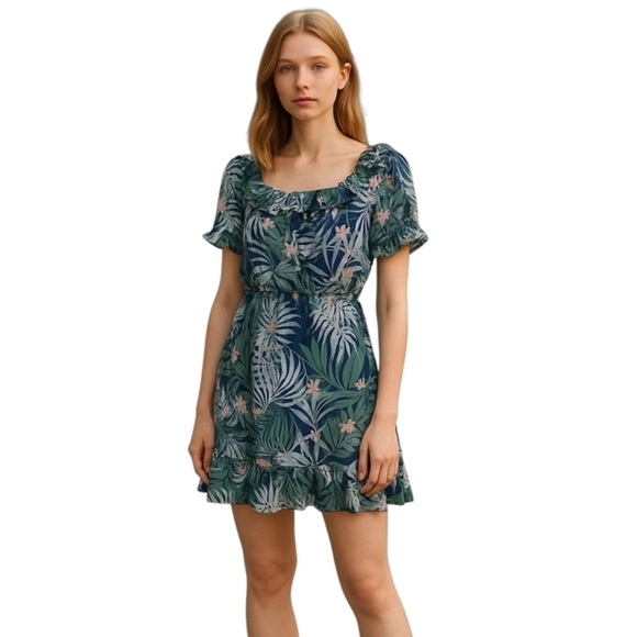 Walter Baker Tropical Print Ruffle Mini Dress Blue Green Shay Style M NWT - Picture 1 of 9